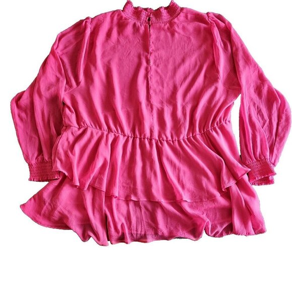 Torrid Top 3X Pink Babydoll Semi Sheer High Smocked NeckCuffs Long Sleeve Ruffle - Picture 14 of 16